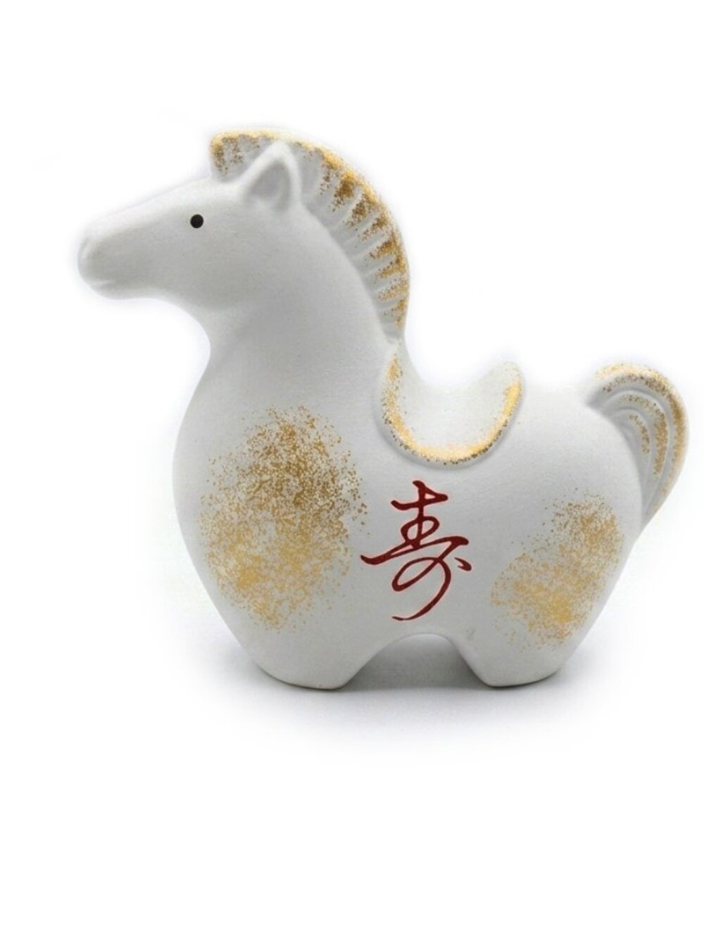 1990 Japanese Matte Ceramic Utsuwa Horse Figurine Gold Kanji Kotobuki